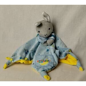Goodnight Moon Bunny Rabbit Plush Lovey Security Blanket Blue Yellow - Knotted